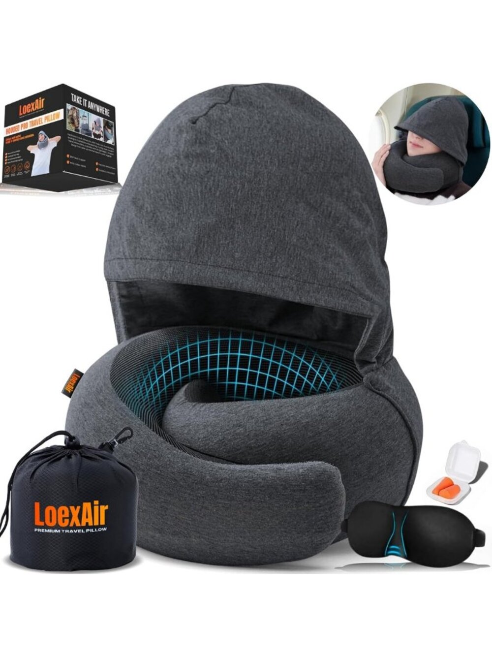 Travel Neck Pillow - Memory Foam Hooded Support for Airplane, Soft Cotton